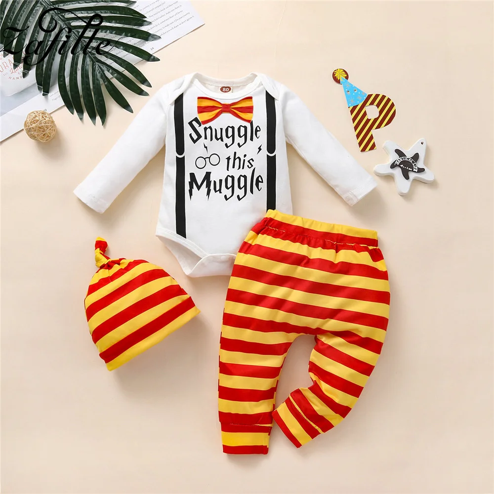 ZAFILLE 2023 Newest Winter Baby Costume For Boy Letter Bodysuit Romper+Print Pants+Hat 3pcs Newborn Clothes 0-9 Months Boy Sets