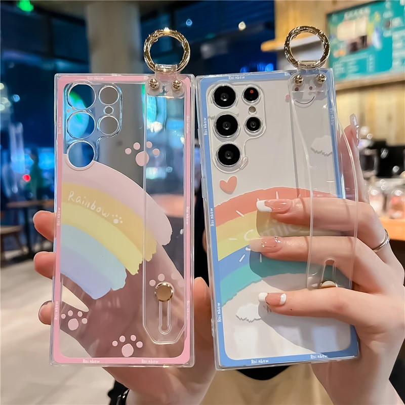 

Rainbow Phone Holder Case for Samsung S23 Ultra S22 S21 S20 FE Note 20 10 Lite A54 14 24 34 53 13 23 33 73 Clear Hand Band Cover