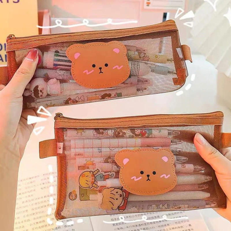 Cute Cartoon Bear Pencil Case Transparent Mesh Pen Bag High-capacity Stationery Storage Pouch Office School Supplies Gifts image 6