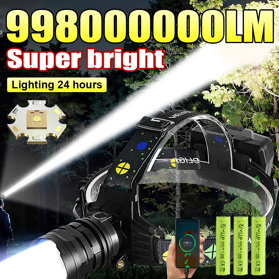 NEW 998000000LM Ultra Bright Headlight High Power LED Headlamp 6000M Rechargeable Head Flashlight 18650 Camping Fishing Lantern