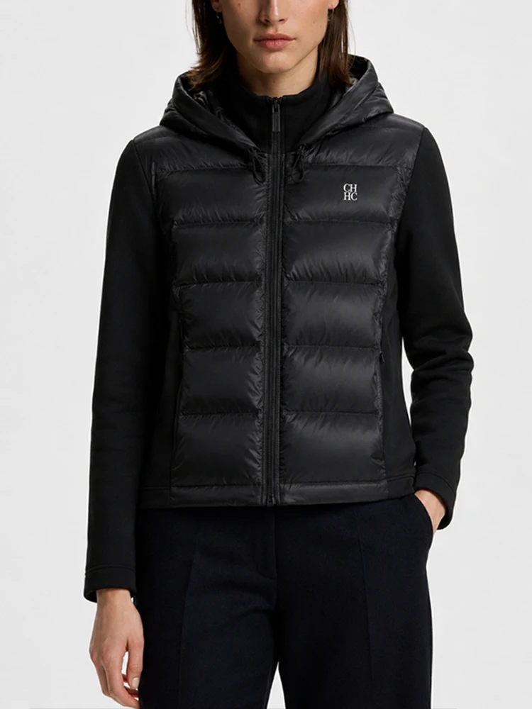 CH Women Hooded Zip Up Jacket Mixed Fabric Drawstring Hood Chest Embroidery Casual Ladies Outerwear Coats
