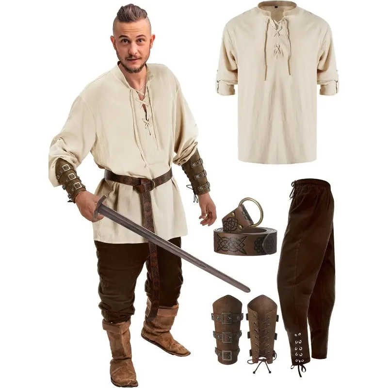 4 Pcs Halloween Men's Renaissance Costume Set Medieval Pirate Shirt Ankle Banded Pants Viking Belt Accessories