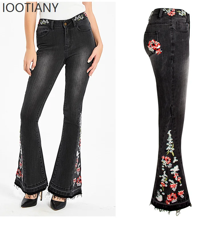 

Женские джинсы-клеш с вышивкой, расклешенные, в уличном стиле, со средней посадкой, в пол, с карманами, из винтажного денима, с эффектом потертости