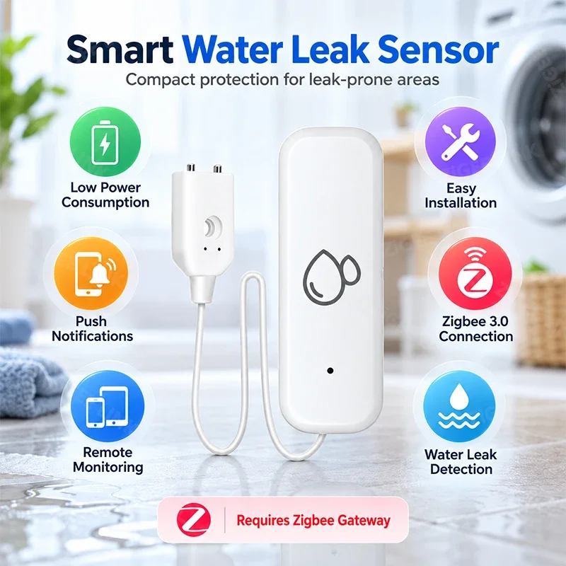 Zigbee 3.0 Water Leak Sensor Ultra-low Power Wireless Leakage Alarm with Instant App Alert For Home Water Damage Prevention Use
