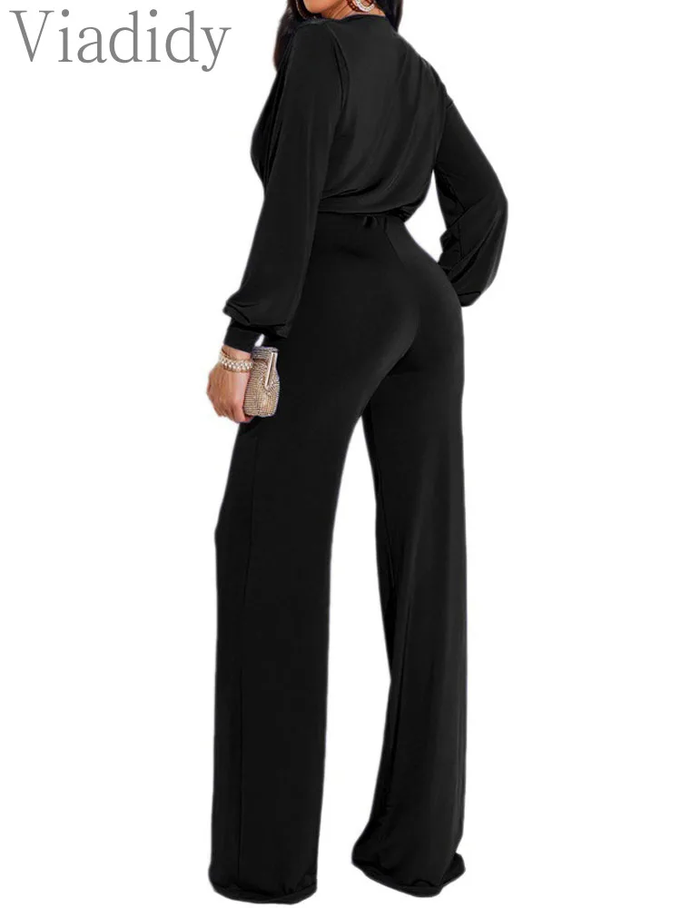 Women Solid Color Knitted V-Neck Long Sleeve Straight Jumpsuit With Belt