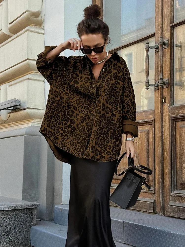 Trendix Autumn Cotton Leopard Blouse Women Street Casual Fashion Long Sleeve Coats Female Pocket Single Breasted Vintage Jackets