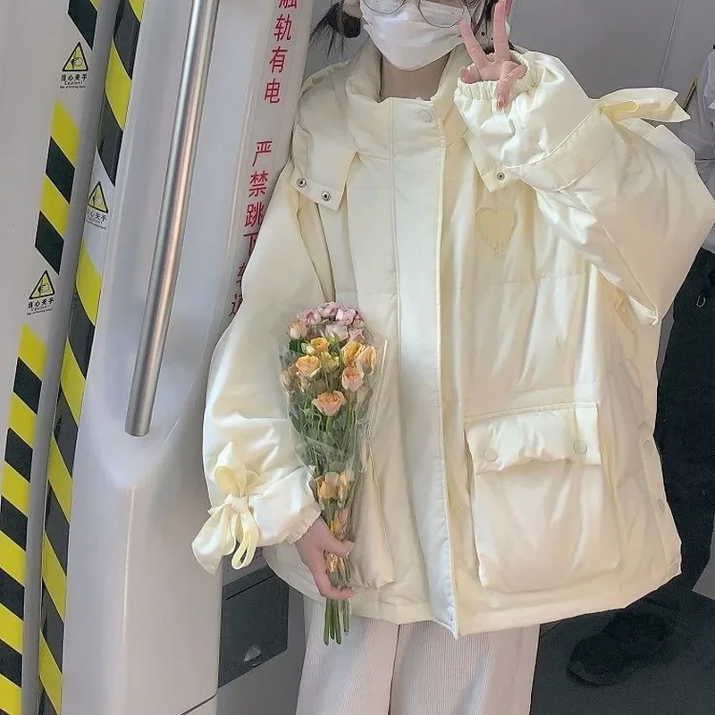 Parkas femmes Style Preppy filles poches à capuche Mujer vêtements d'extérieur solide Baggy hiver garder au chaud étudiant collège quotidien belle Simple