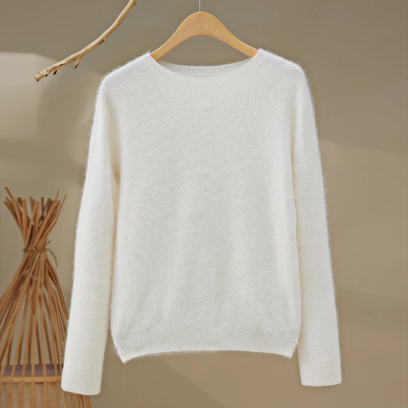 2025 automne/hiver 2025 femmes nouveau col rond ample à manches longues laine mérinos tricoté chemise couleur unie tricoté laine bas chemise