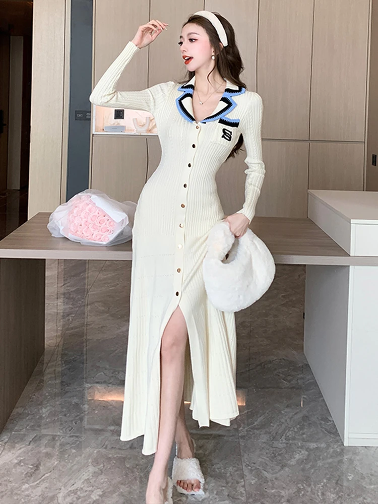 Women French Knitted Single-Breasted Long Sleeve V Neck Elastic Slim Dress Autumn Winter Warm Sweater Dress Female Clothing - Image 2