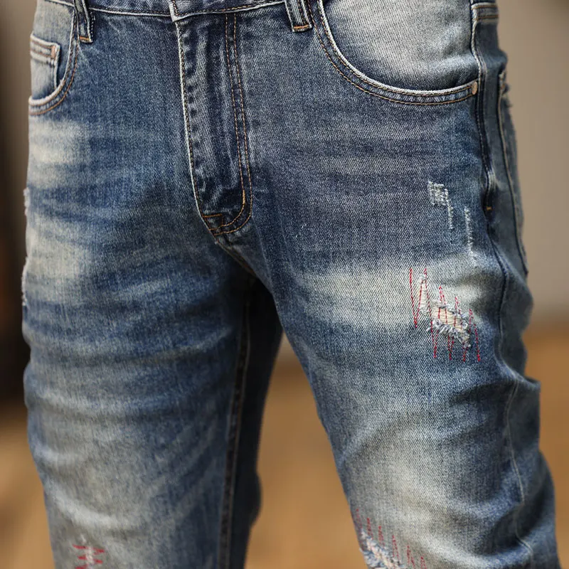 Newly Designer Fashion Men Jeans High Quality Retro Blue Stretch Slim Fit Ripped Jeans Embroidery Patched Vintage Denim Pants