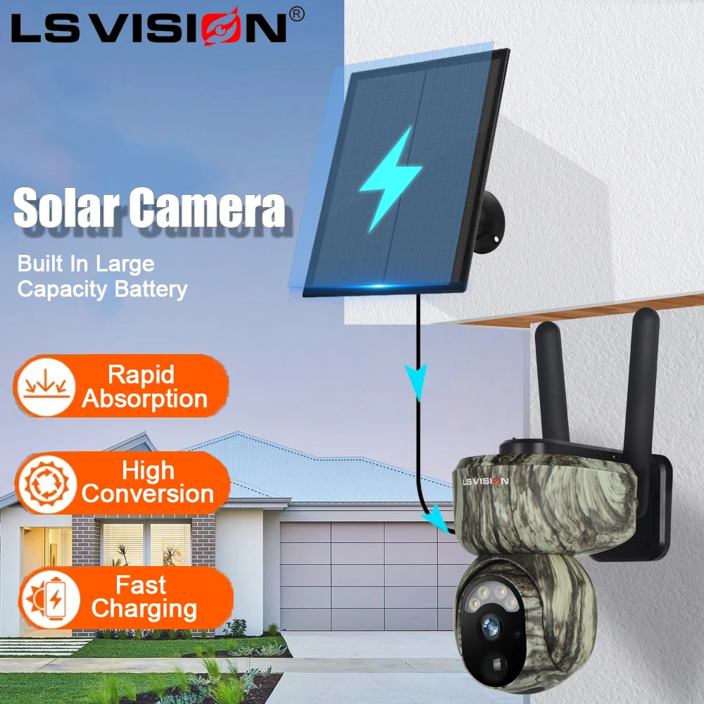 LS VISION 4MP Camouflage Solar Surveillance Camera Hunting Monitor Night Vision Animal Human Detection IP Camera Wi-Fi/4G CCTV