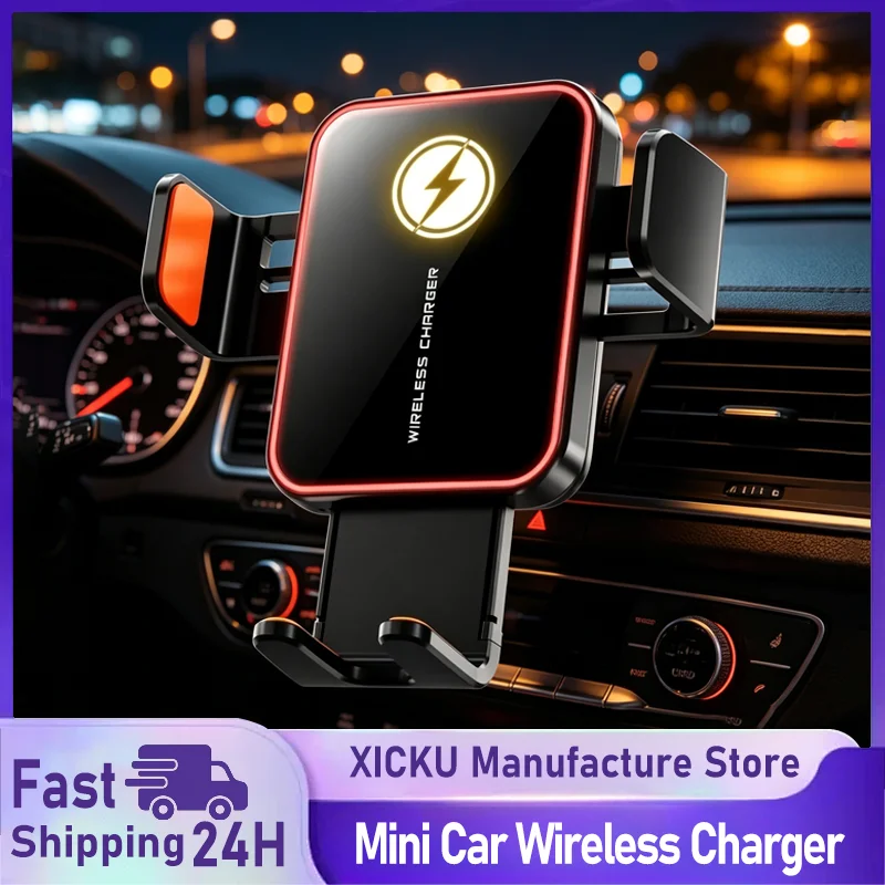 Mini Auto Clamping Car Wireless Charger Smart Sensor 15W Fast Charging Air Vent Phone Mount for iPhone 17 16 15 14 13 12 Samsung