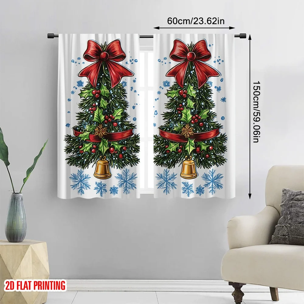 2pcs,2D plane printing Minimalist Curtains Christmas Tree Snowflakes Bows Polyester Woven (without rod) Home Decor Perfect for