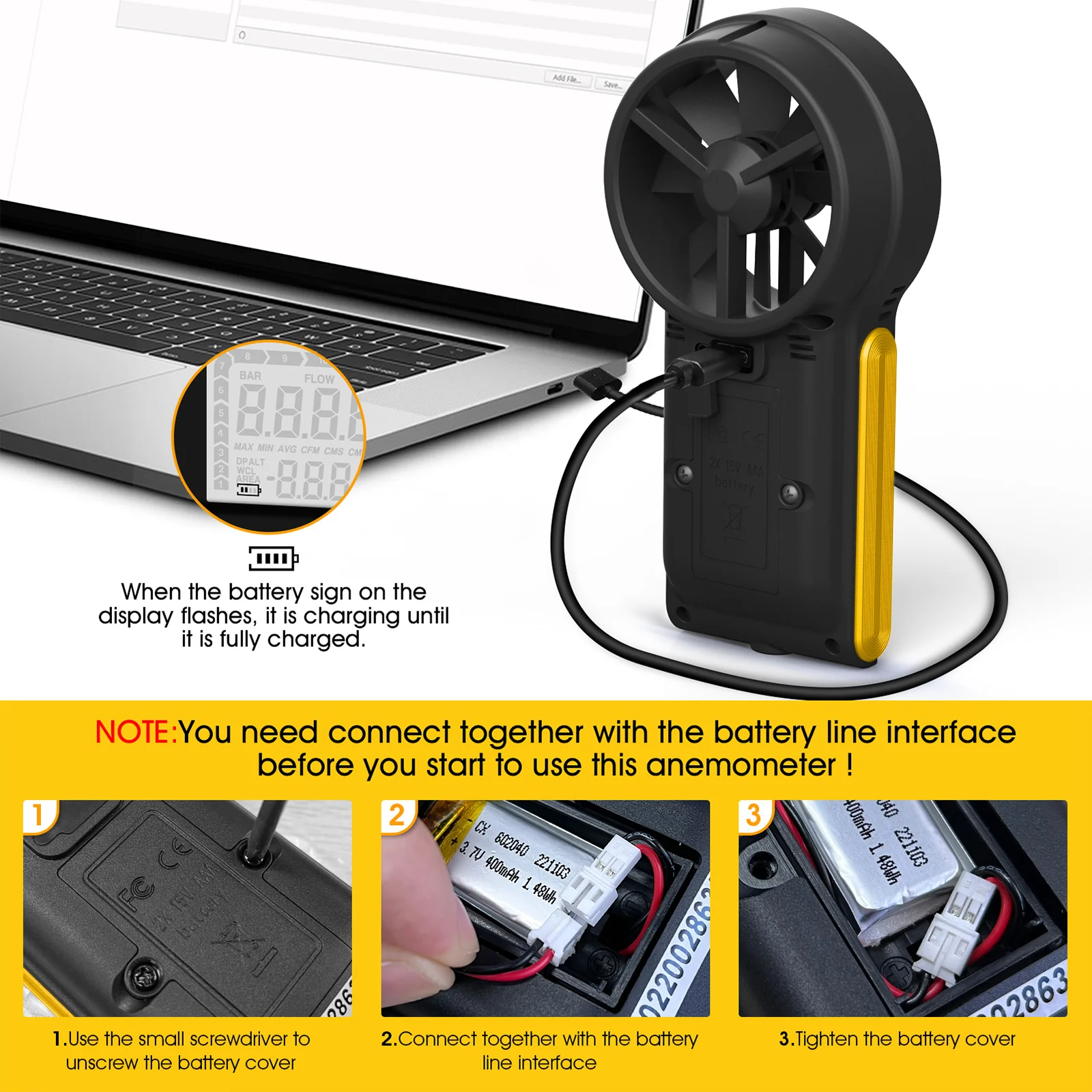 CFM Wind Speed Meter,Rechargeable HVAC Anemometer Measuring Wind Velocity, Test Air Flow Volume CFM/CMM, Handheld Airflow Tester