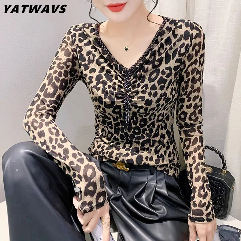 

New Autumn Korean Clothes Leopard T-Shirt Chic Sexy V-Neck Shiny Beading Women Tops Fashion Casual Long Sleeve Draped Mesh Tees