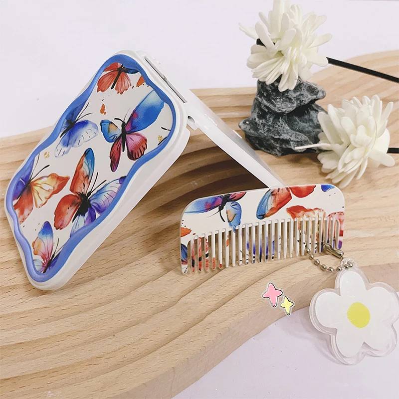 Red And Blue Butterfly Flip-Top Folding Makeup Mirror Portable Pocket Mirror Rectangle Cosmetic Mirror With Comb For Women