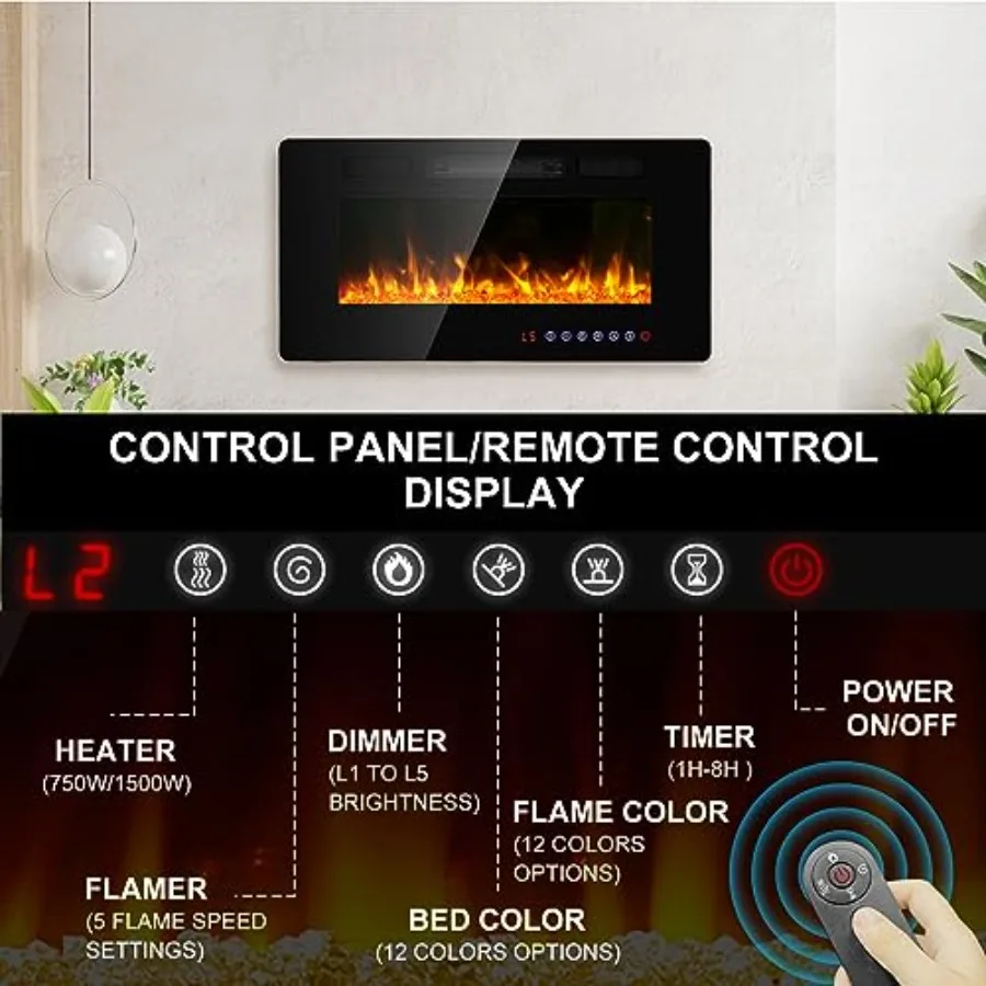 36 مدفأة كهربائية رفيعة للغاية مع شهادة ETL لتركيب التثبيت المريح أو المثبت على الحائط تتميز بـ 3D F الواقعي