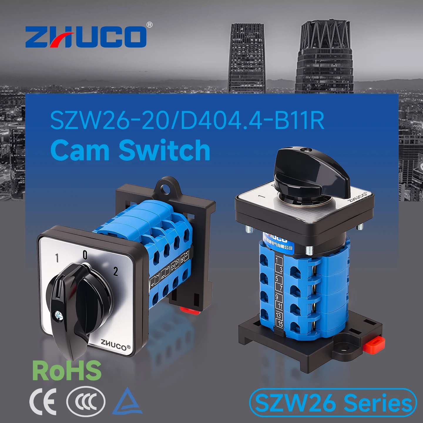Zhuco 2/3 Position Selector Switch 20A 690V, 16-Terminal Universal Rotary Cam Selector with Locking Switch, Suitable for Distribution Cabinets, Machine Tools, Industrial Panels (Szw26-20/B11R, on Off On, on Off, on on)