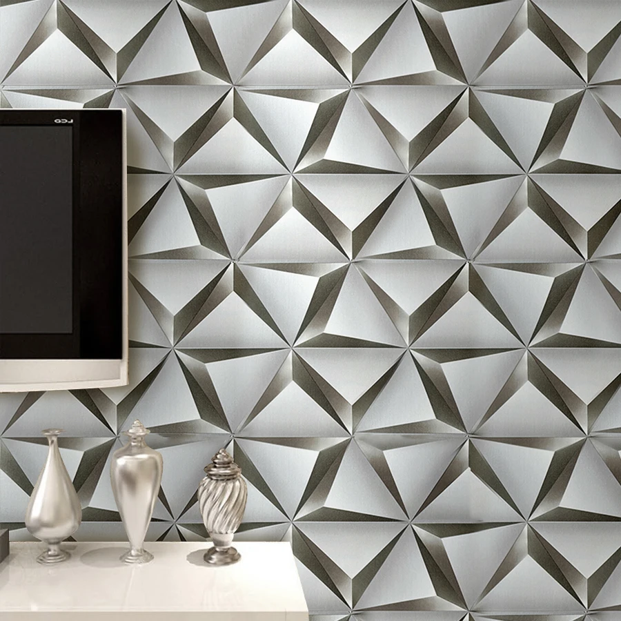 Modern 3D Geometric Wall Mural for TV Background or Feature Wall - Silver Triangle PVC Wallpaper, Luxury Home & Hotel Decor