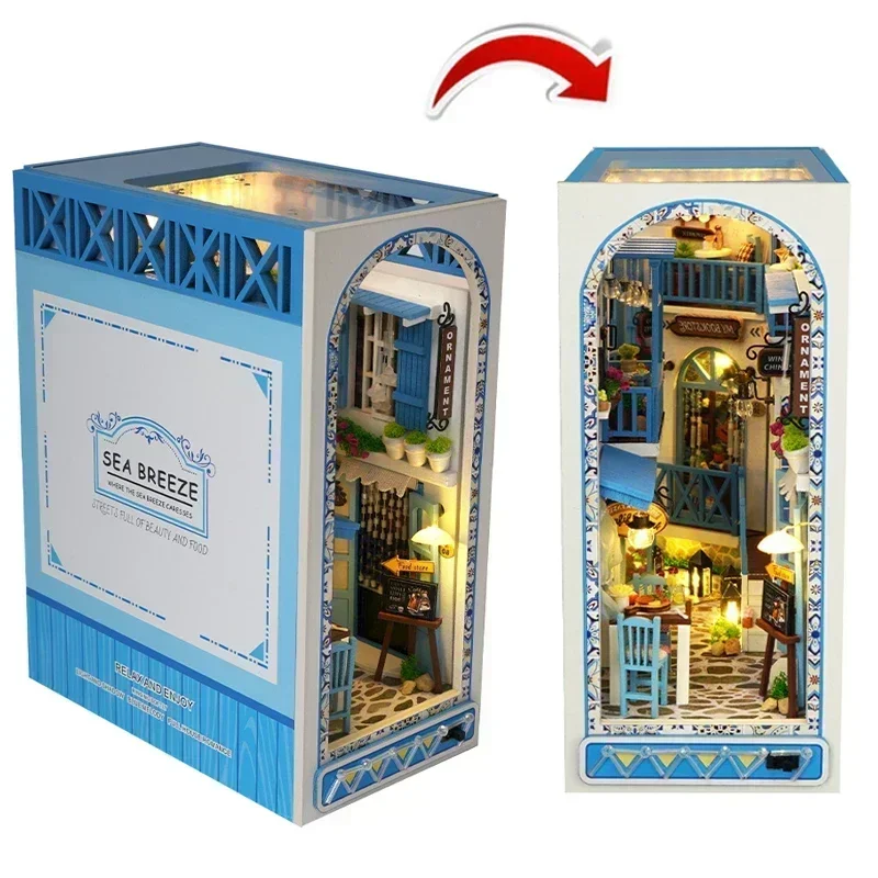 

DIY Wooden Book Nook Sea Breeze Casa Shelf Insert Miniature Building Kits, Bookshelf Assembly Bookend for Adults Birthday Gifts