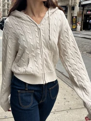 Cardigan de malha torção monocromática para mulheres, tops cortados, suéter de algodão, guarnição com nervuras, zíper, casaco vintage, streetwear casual, outono