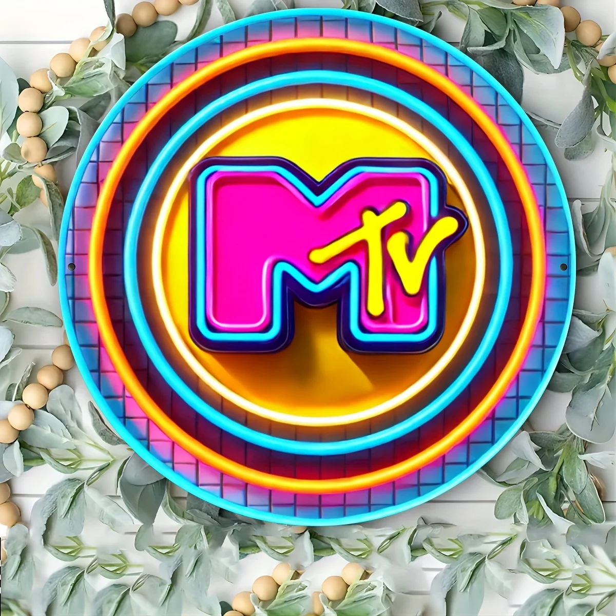 1pc MTV Neon Sign, Vintage Metal Round Aluminum Plaque, 19.81x19.81cm, Wall Art Decor, Retro Garage Wall Decor, Restaurant Decor