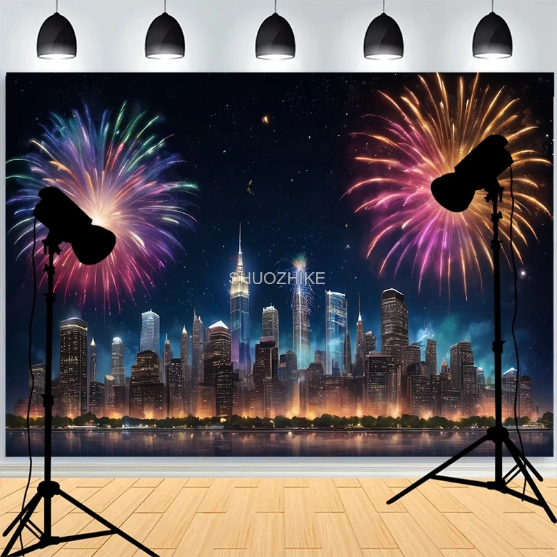 Fondo de fotografía nocturna de fuegos artificiales de horizonte de ciudad, ventana de corona de Navidad, sala de estar, fondo de estudio fotográfico de Año Nuevo, XH-62