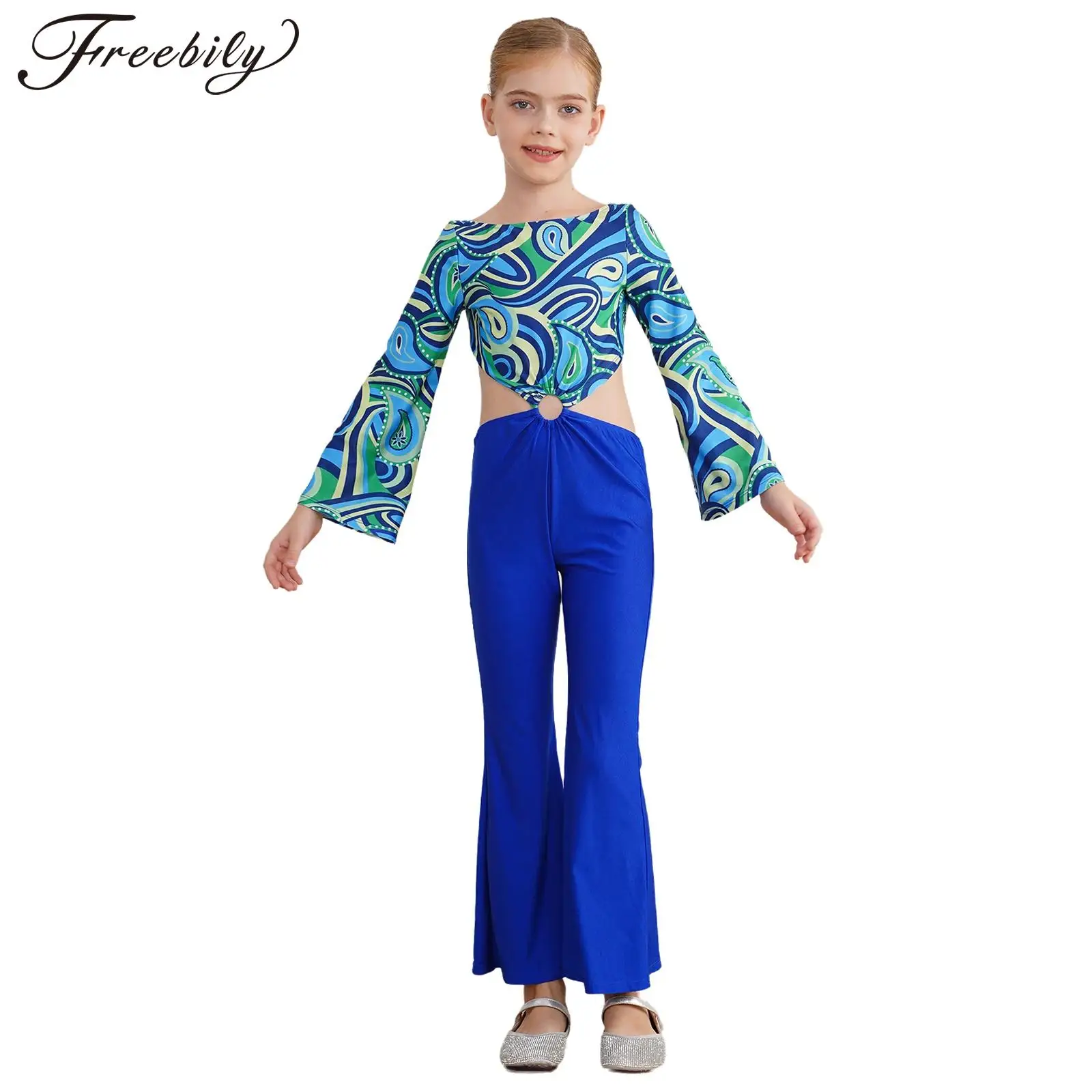 Kids Girls 70s 80s Hippie Disco Dance Costume Long Sleeve Cutout Flared Pants Jumpsuit Festival Carnival Rave Party Fancy Dress