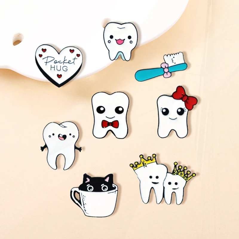 Pins Tooth Crown Toothbrush Cartoon Metal Badge Punk Clothing Lapel Pins Jewelry Accessories Gift Cute Teeth Enamel Pin Bow Hair