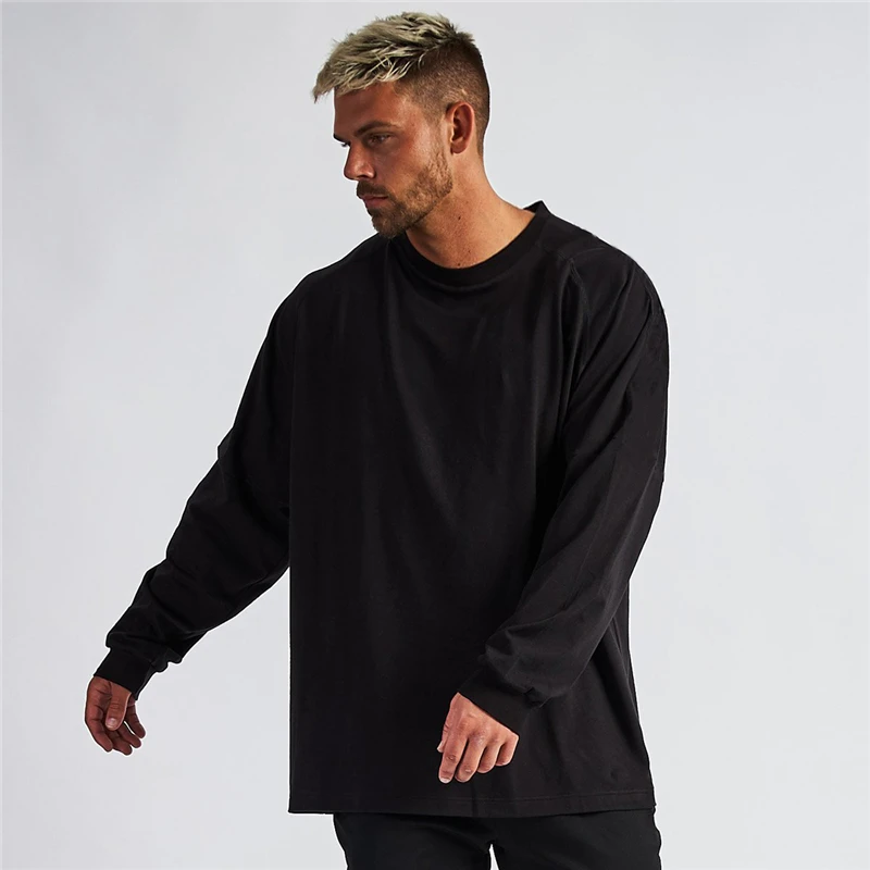 Men's Oversized T Shirts Dropped Shoulder Long Sleeve Tops Tees Autumn Fashion Korean Style Loose T-shirt Male Cotton Tshirt