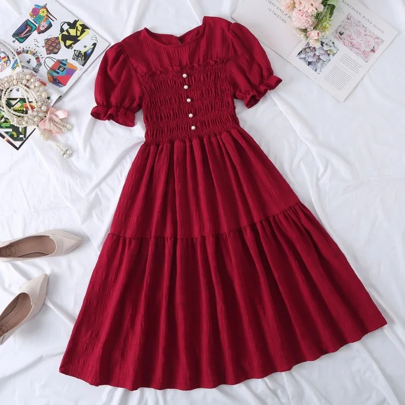 Summer Fashion Dresses 2024 Black Long Dress Folds Ruffles Women Dresses Puff Sleeve Loose Casual Chiffon Short Sleeve Dress