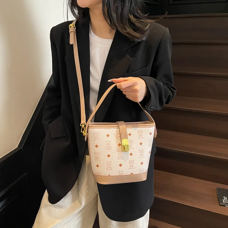 

2025 винтажная сумка-ведро с принтом для женщин, минималистичный кошелек через плечо, модная сумка