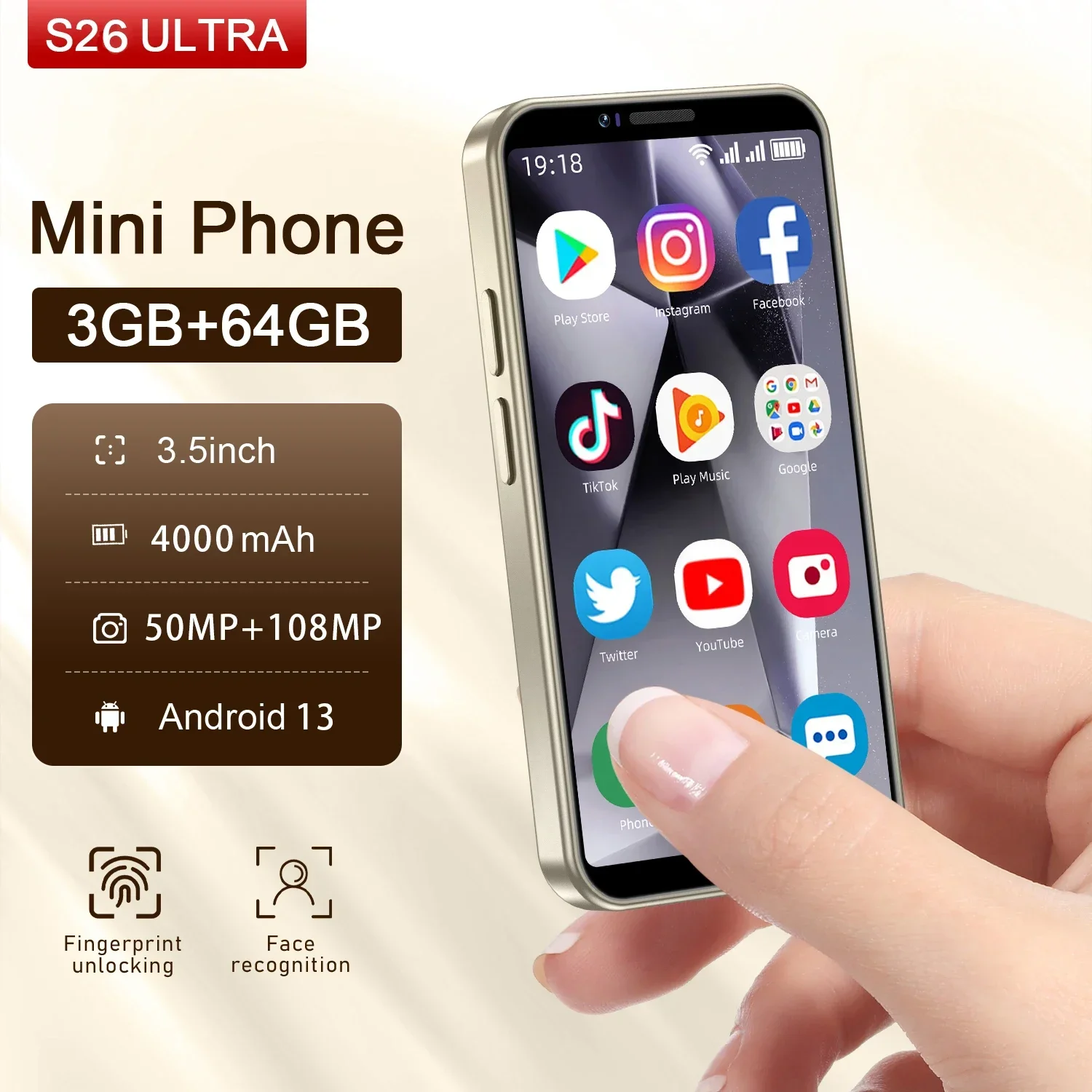 S26 Ultar Mini Smartphone with Face Unlock, Android OS 13, Google Store, 4000mAh, Small Smartphones, Latest Update, 4G