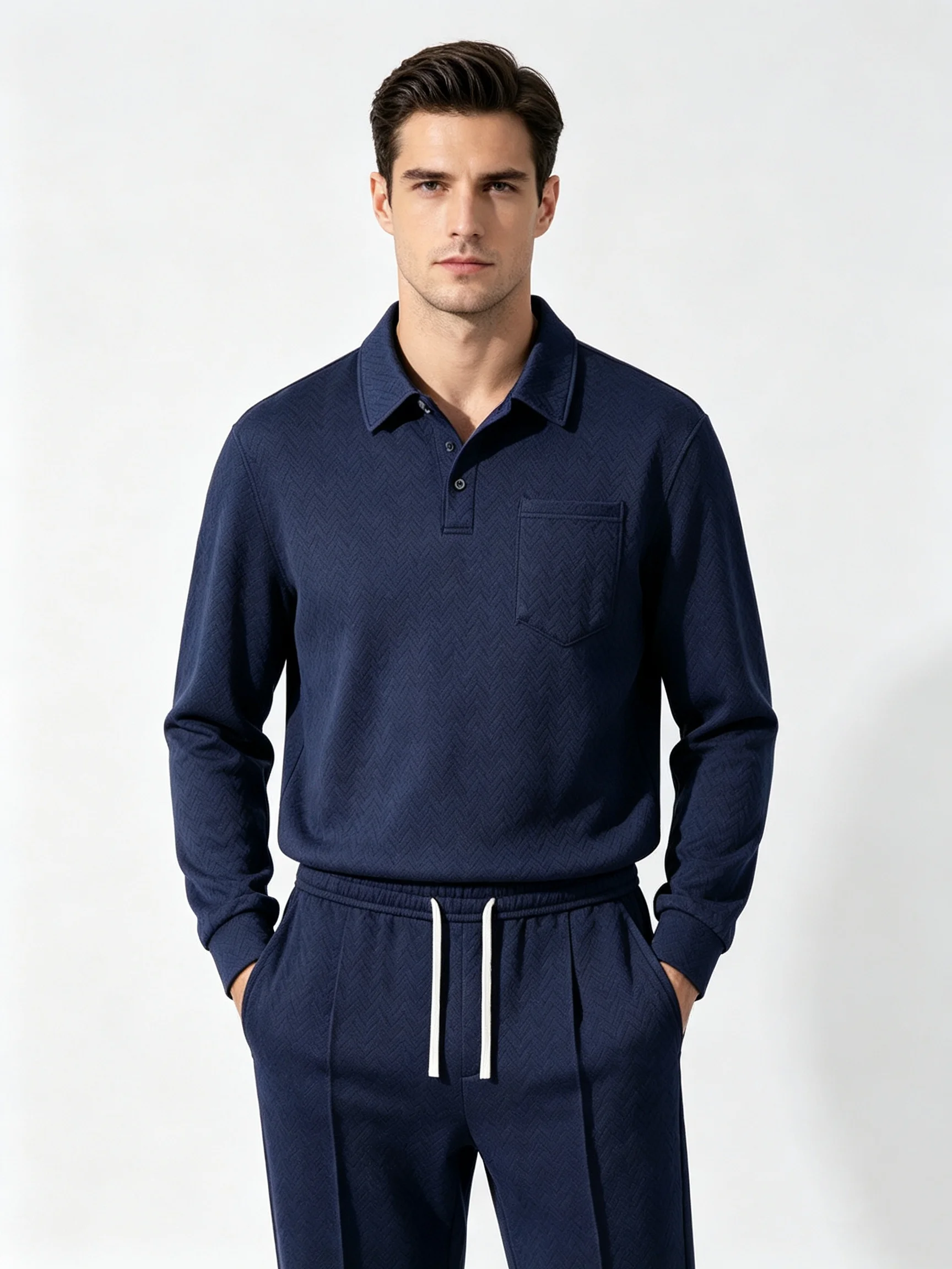 herringbone-knit-polo-tracksuit-men-long-sleeve-button-collar-shirt-elastic-waist-pants-loose-fit-casual-business-sportswear