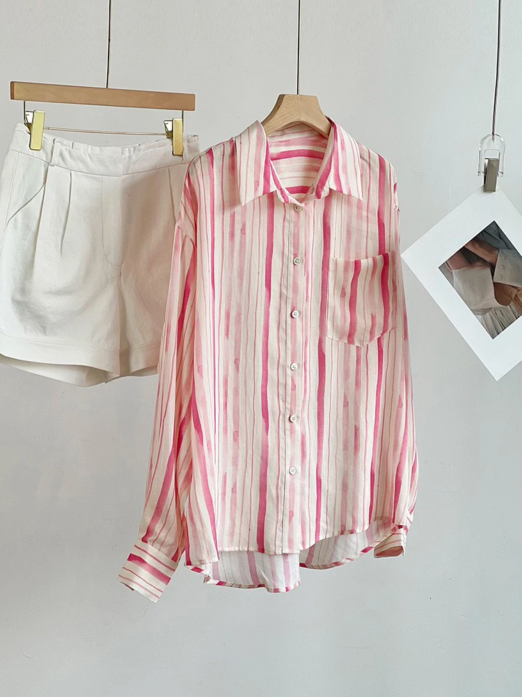 

Heidd Early Spring 2026 Women's Casual Loose Fit Long Sve irt Linen Lyocell Pink Stripe Turn-down Collar Classic Sle