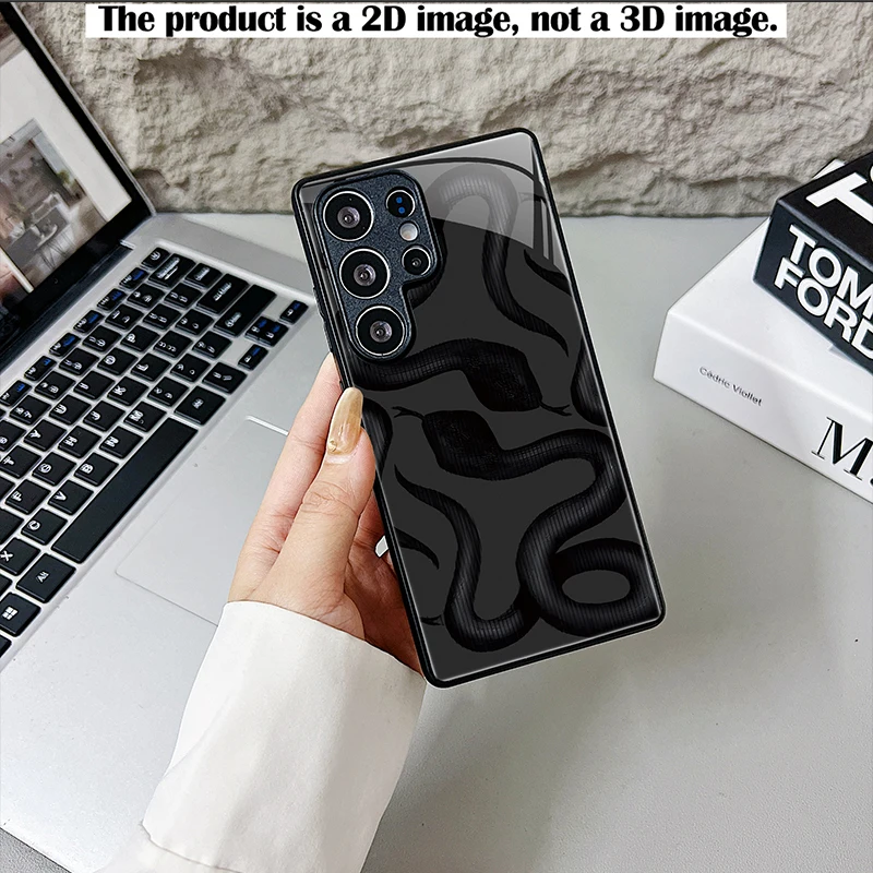 Black Snake 3D Scale Texture 2D Print Black Glass Phone Case for Samsung S & A Series, Full Coverage Shockproof Protective Cover