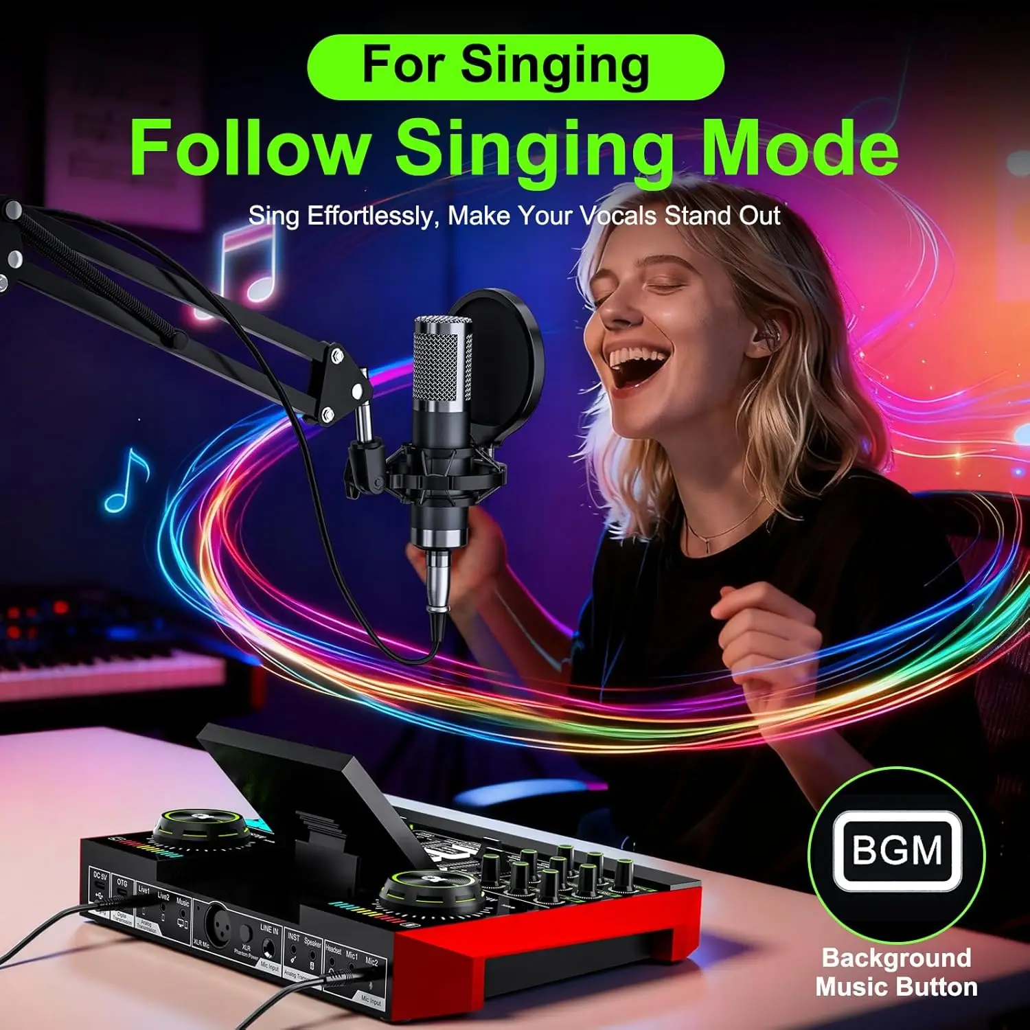 Tenlamp G10 Live Streaming Audio Interface Gaming Audio Mixer, Podcast Equipment with 3.5mm Condenser Mic,Sound Card for PC/Phone Podcast Recording, Voice Changer, Denoise,Phantom Power,Reverb，Music Power Conditioner Karaoke Machine view 3