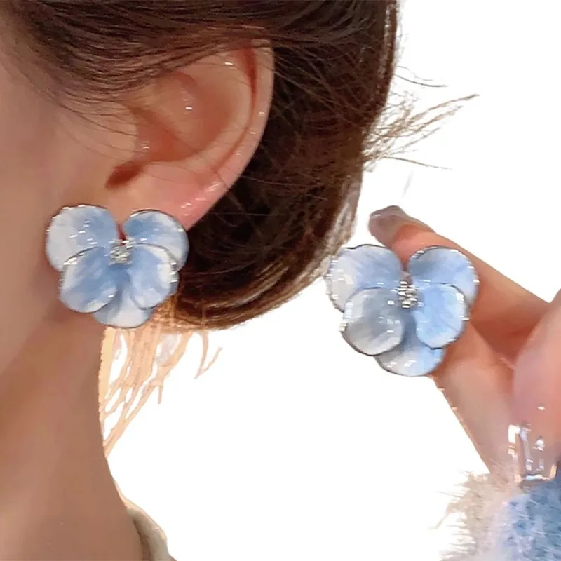 Vintage Icy Blue Studs Silver Rim With Translucent Petal Flower Charm Statement Jewelry Accessories For Women Evening Holiday