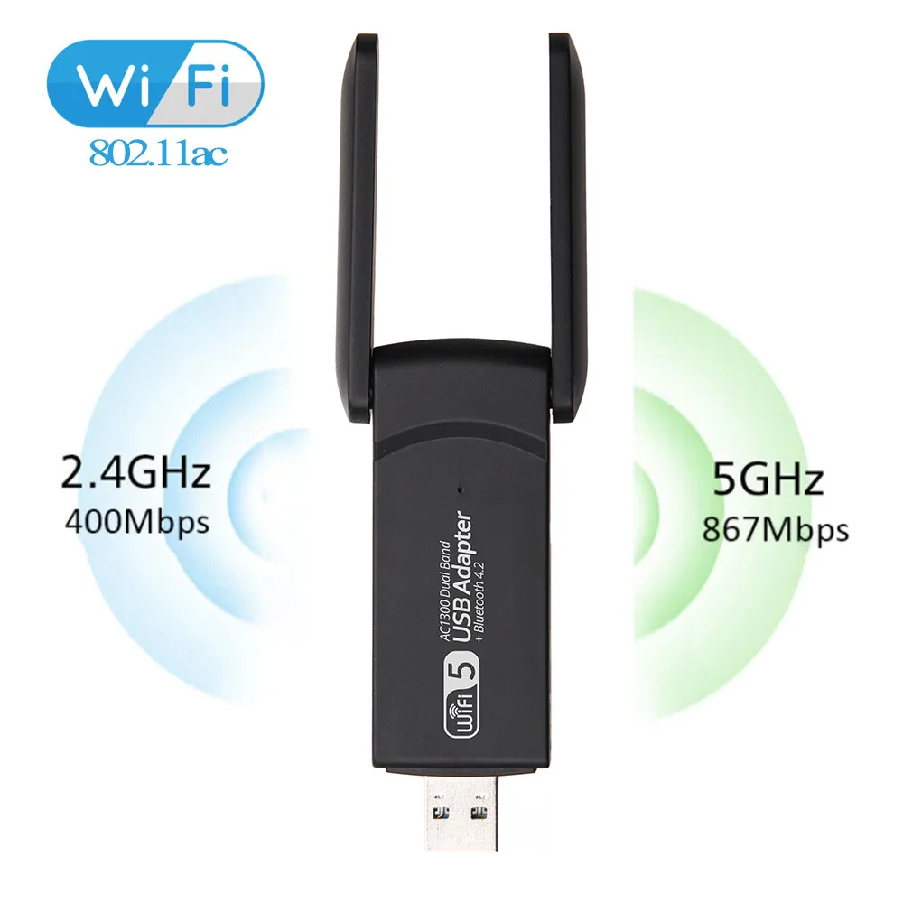 

1300Mbps Dual Band WiFi 5 USB 3.0 Adapter with Bluetooth 4.2, 2.4G+5GHz WiFi Receiver & Transmitter for Desktop Laptop PC Win