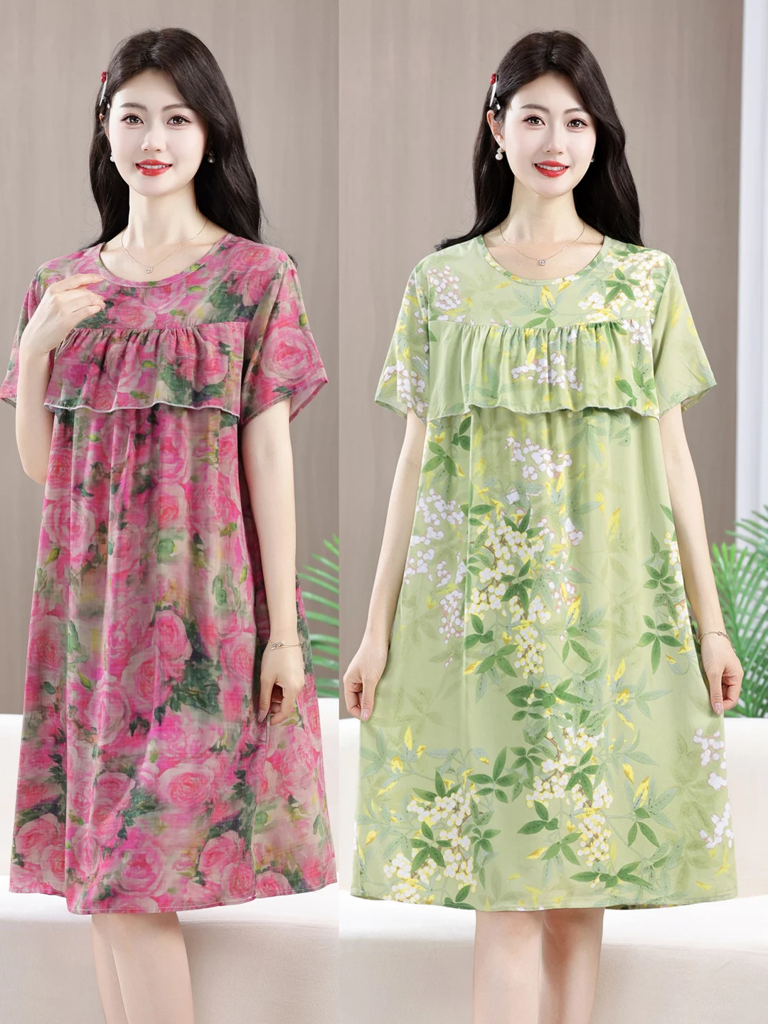 Summer Silk Cotton Sleep Dress Women's Mid-Length Dress Home Wear Anti-Protrusion Artificial Cotton Short Sleeve round Neck
