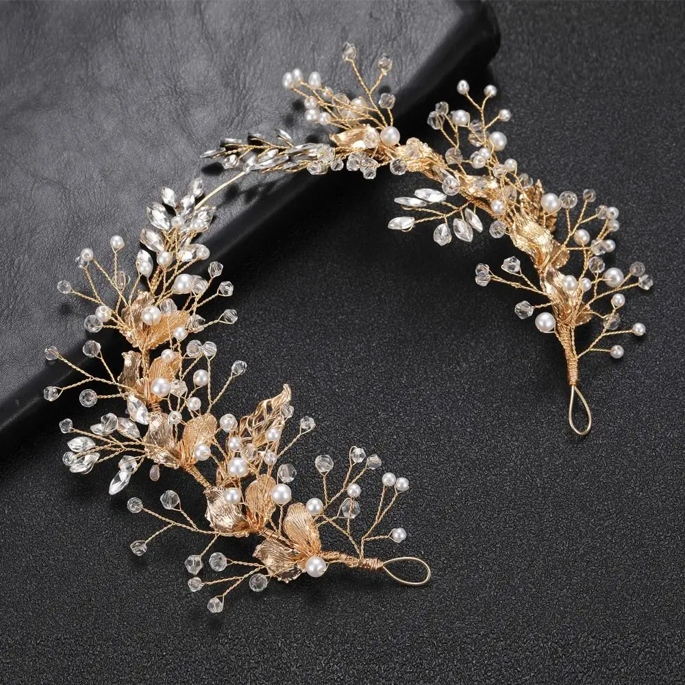 

Prom Pearl Crystal Headband Floral Jewelry Rhinestone Wedding Headpieces Leaf Design Gold Alloy Bridal Headpiece Women Bridal