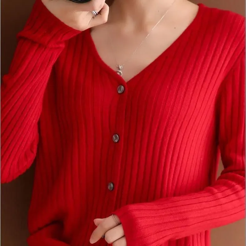 2023 Spring and Autumn Women\'s V-neck Button Cardigan Loose Knitted Solid Color Casual Fashion Elegant Commuter Long Sleeve Tops