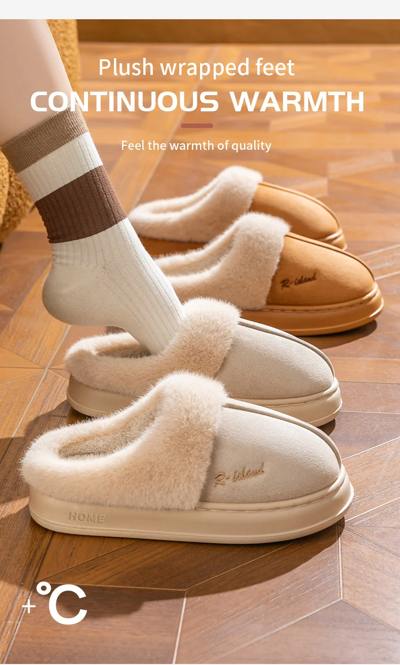 Winter-Warme Hausschuhe für Männer und Frauen, Wildleder-Plüsch, Fellgefütterte Baumwollschuhe, Dicke Sohle, Rutschfest, für Innenräume, Schlafzimmer, Paar-Mules – Detail 1