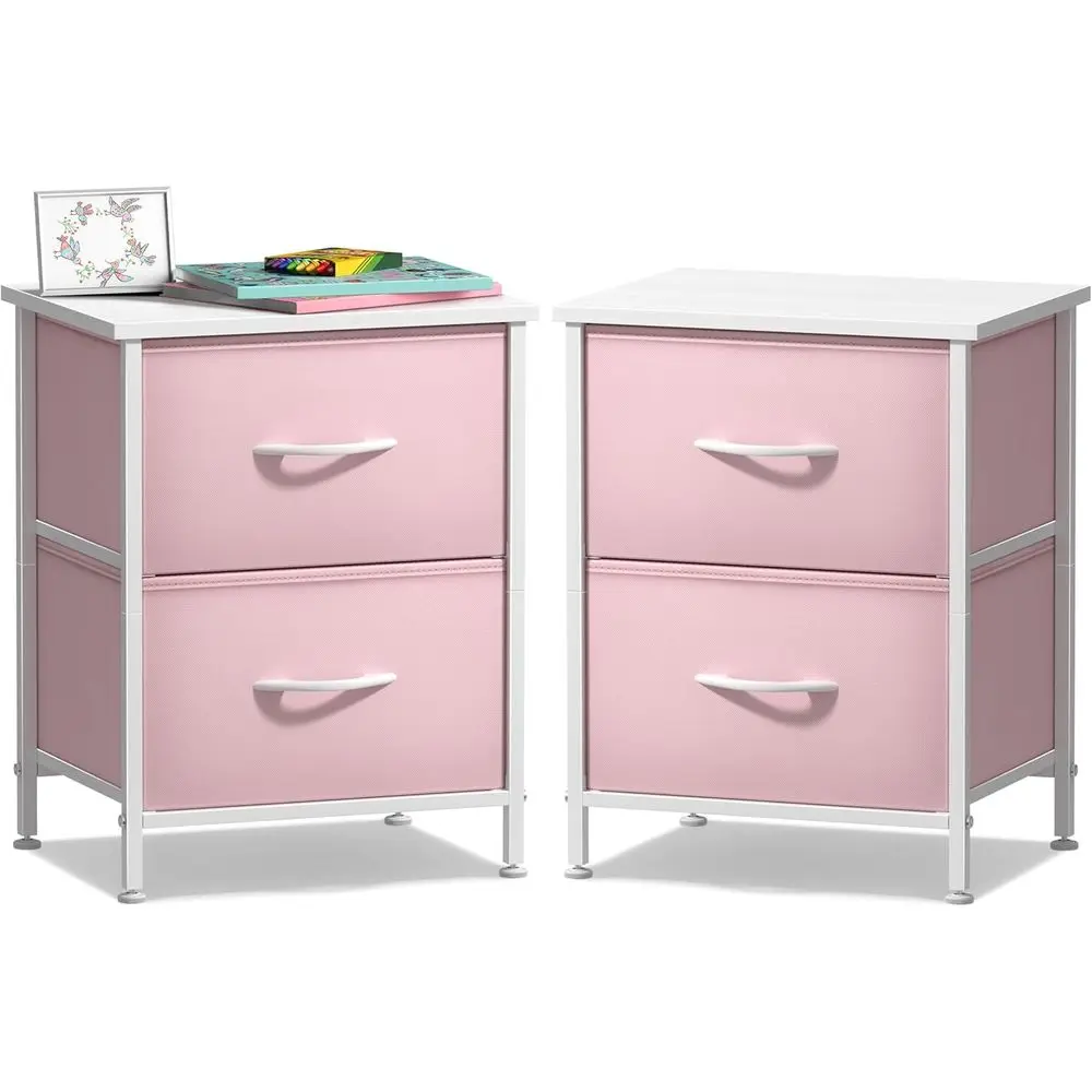 

2-Drawer Kids Bedroom Nightstand with Steel Frame, Wood Top, and Fabric Bins (2 Pack)