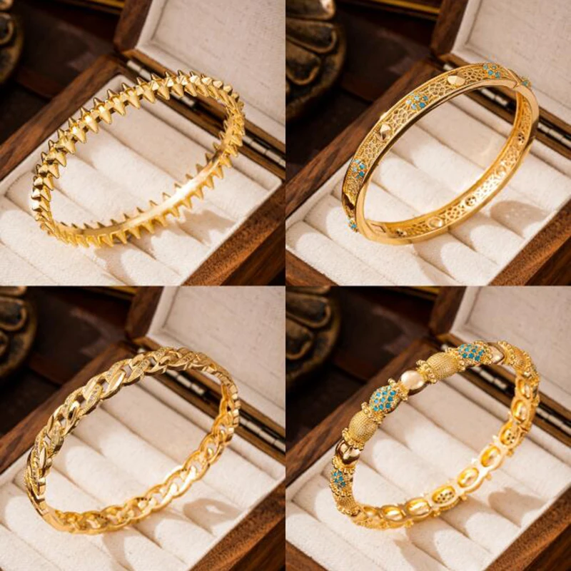 LuckyShine Hot Sale Xmas Gift Buckle Gear Willow Nail Cubic Zirconia Bracelet Gold Plated Bangles