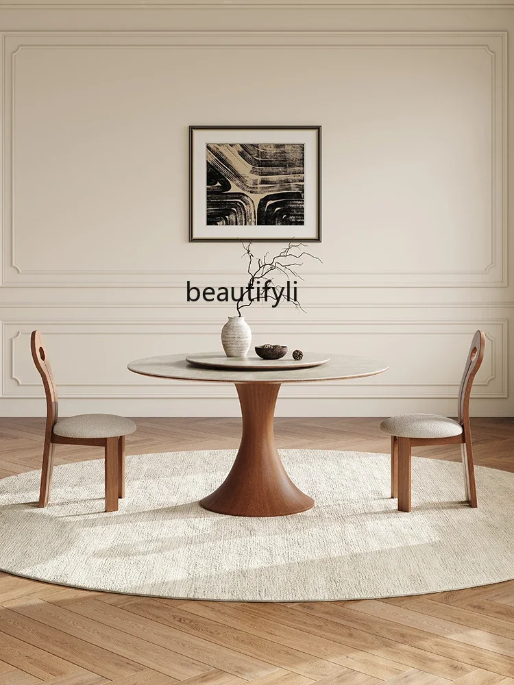 Nordic Solid Wood Stone Plate Dining Table French Ancient Style Small Apartment Home round Dining Tables and Chairs Set