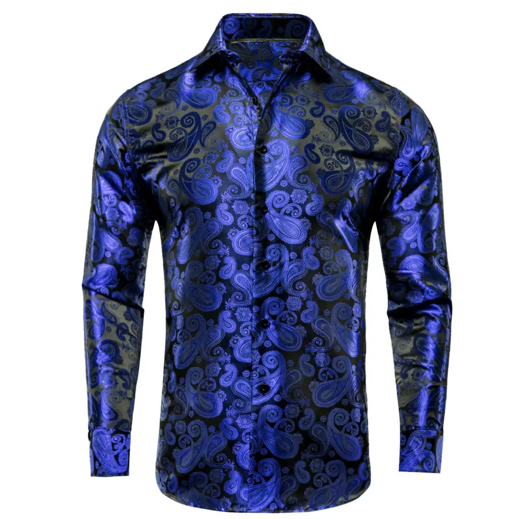 Hi-Tie Silk Mens Shirts Long Sleeve Leisure Shirt Male Blouse Outwear Jacquard Paisley Purple Navy Blue Wedding Business Party