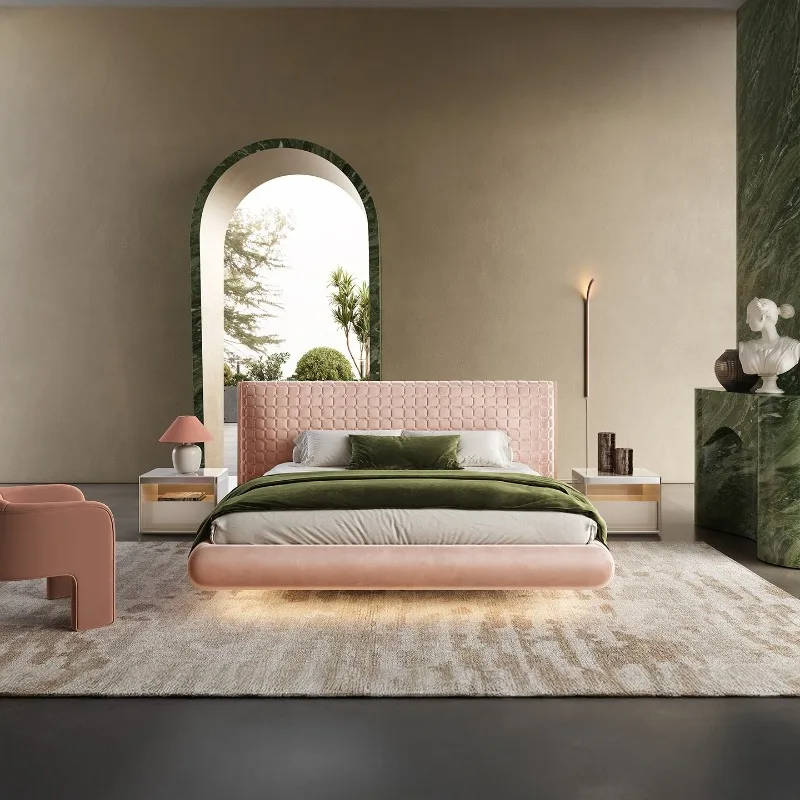 French cream style fabric floating bed master bedroom bed wide screen light luxury designer model 1.8 meters S