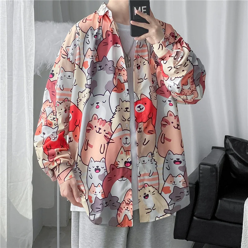 2023 Spring Men Shirt Casual Long Sleeves Shirts Cartoon Cat Full Print Men\'s Blouse Harajuku Clothes Street Fashion Tops