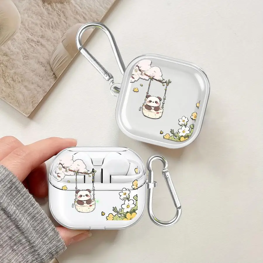 Case For Samsung Galaxy Buds 4Pro 2 4 Pro 3 FE Live 3Pro 2Pro Clear Earphone Cases Cover With Hook Cartoon Cute Panda